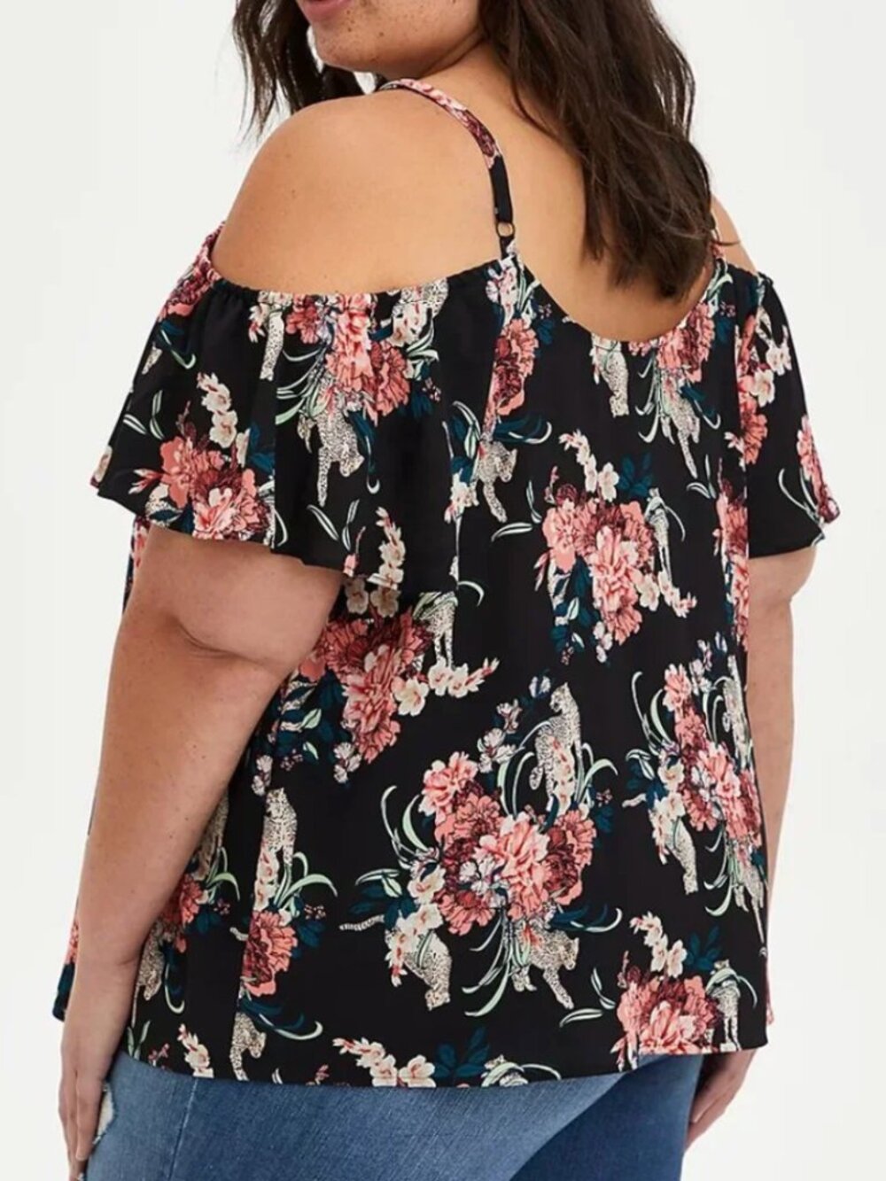 TORRID 1 Plus Georgette Lace Up Cold Shoulder Blouse Black Floral Leopard Boho - Picture 3 of 16
